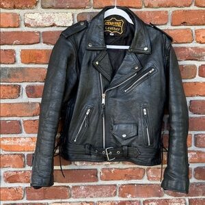 Leather Motorcycle Vtg. Jacket Heavy Black Belted  Lined Zip Snap S Oversized